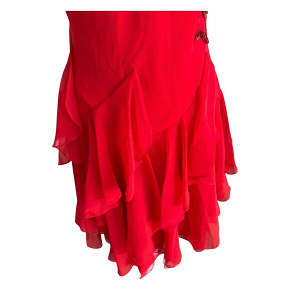 VTG Y2K Red Silk Sequin Midi Cocktail Dress Gown Fairy Ruffle XS Ethereal Prom - Picture 4 of 12